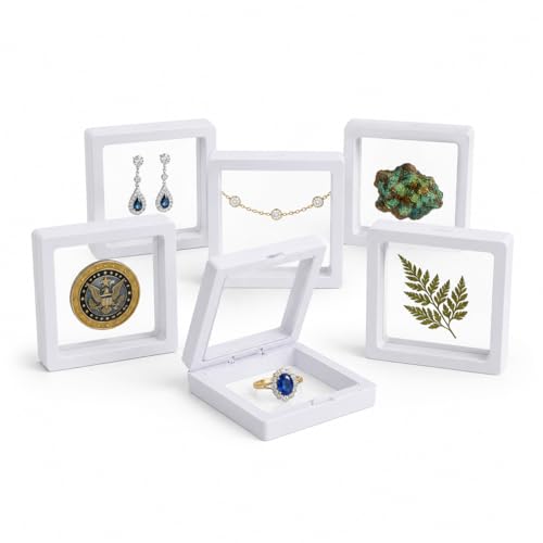 6 Pack 3D Floating Display Case, Freestanding Clear Suspension Frame and Jewelry Holder for Challenge Coins, Enamel Pins, Rocks, Rings and Plant Specimens - color: White, size: 3.5*3.5*0.8