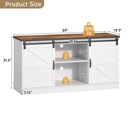 Hlivelood Farmhouse 75-120 Gallon Fish Tank Stand with Power Outlet, Aquarium Stand w/Cabinet&Sliding Barn Door, Heavy Duty Reptile Tank Stand for Fish/Turtle/Reptile Terrarium, 1000LB Capacity, White - color: White, size: 75-120 Gallon