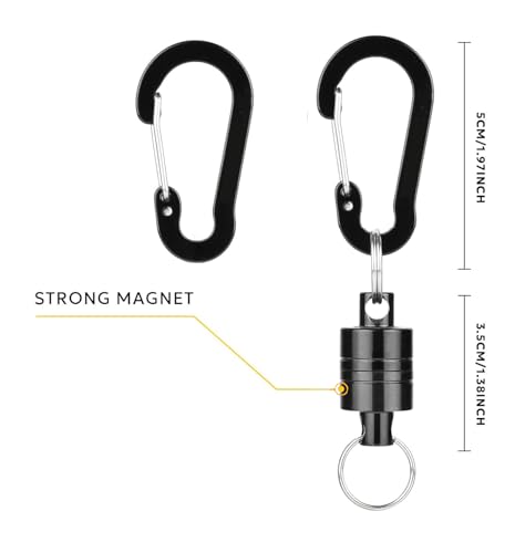 Magnetic Net Release Fly Fishing Net Retractor Magnetic Keychain, for Fly Fishing with Retractable Coiled Lanyard Carabiner - color: Black Aluminum