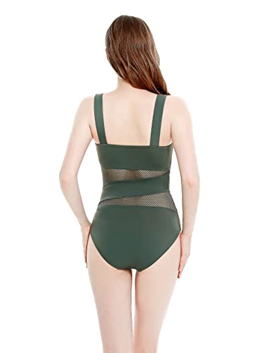 Women's Mesh Swimsuits One Piece Cutout Bathing Suits Backless Hollow Out Swimwear Sexy See Through High Cut Monokini - color: Army Green, size: 8
