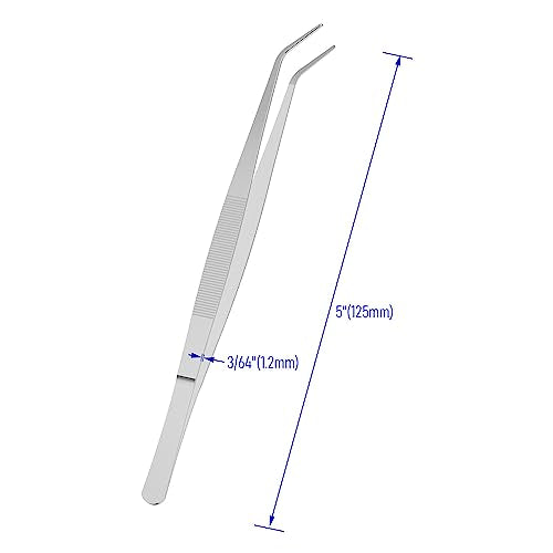2 PCS 5 Inch Stainless Steel Tweezers with Curved Pointed Serrated Tip, Perfectly Aligned, 3/64 Inch Thickness Stainless Steel, Multipurpose Daily Garden Home Lab Craft Repairing Tool