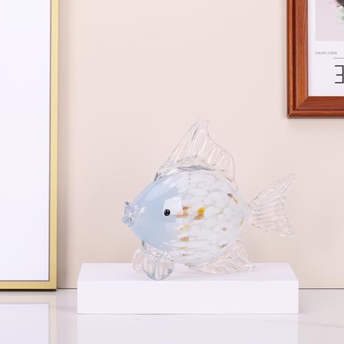 Large Hand Blown Glass Fish Figurines, Aquarium Sea Glass Art, Blue White Fish Statue Sculpture Modern Coastal Accent - for Beach Knick Knacks, Coffee Tables, Nautical Offices Centerpiece - color: Blue White