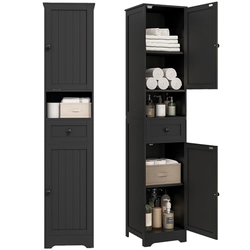 Tall Bathroom Cabinet,Storage Cabinet with 5 Shelves & 1 Drawer, with Adjustable Shelve, for Bathroom, Kitchen, Entryway, Living Room (Black) - color: Black