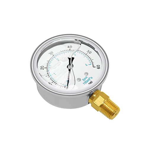 Joywayus Pressure Gauge 0-60 PSI Brass 1/4" NPT Male Thread Lower Mount, Glycerin Filled, Stainless Steel Case, Multiple Function - size: 0-60PSI--1/4", style: Glycerin Filled