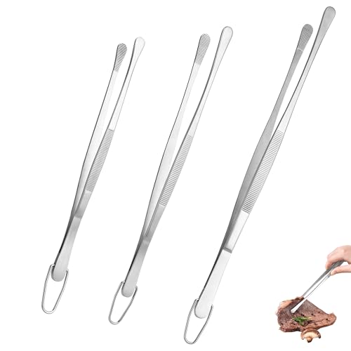 U-Taste 8"+10"+12" Kitchen Cooking Tweezer: 18/8 Stainless Steel Food-Grade Metal Food Tong, Flexible Pinching, Seamless-Welding and Sturdy for Serving Grilling Frying, Plating, Feeding (Round Tip) - size: 8in+10in+12in (round tip)