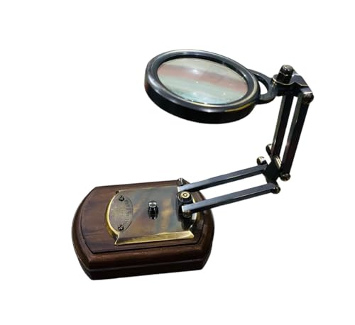 Vintage Magnifying Glass, Adjustable Arm, Brass Accents, Vintage Magnifying Glass with Adjustable Arm, Brass and Wood Base