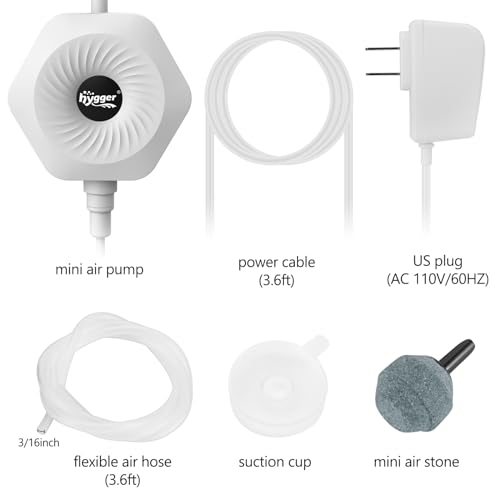 hygger Ultra Silent 1.5W Fish Bowl Aqaurium Mini Air Pump with Accessories, Oxygen Aerator Kit for Fish Tank 0.5-15 Gallon, Comes with 3/16 Inch Air Tubing, Air Stone, AC 110V/60HZ - color: White