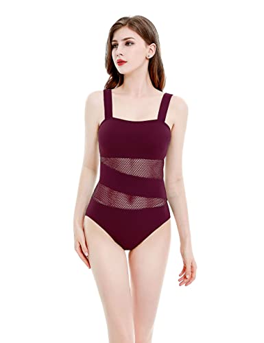 Women's Mesh Swimsuits One Piece Cutout Bathing Suits Backless Hollow Out Swimwear Sexy See Through High Cut Monokini - color: Burgundy, size: 4
