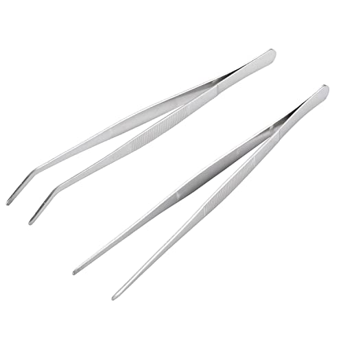 Miupoo Long Handle Stainless Steel Paint Straight and Curved Tweezers Nippers,Extra Long Precision Craft Tweezers Set with Serrated Tips,Silver,2 pieces,9.8Inches