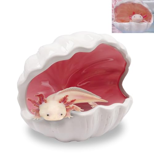 Axolotl Hide Shell Shape Ceramic Fish Tank Cave, Double Sided Glaze, Fish Tank Decor Shelter for Small Pet Frog Fish Betta (Extra Large, Pink)