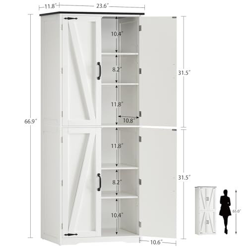 TEENFON Tall Pantry Cabinet, Kitchen Cabinet with 4 Shelves, Adjustable Shelves, Pantry Cabinets with 4 Barn Doors, Tall Kitchen Cabinets for Dining Room, Living Room, White - color: White 4 Doors