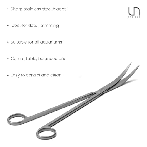 UNS Aquascaping Tools - Stainless Steel, Rust Resistant, Freshwater Planted Tank, Saltwater Reef Aquarium Maintenance Accessory - Trimming Stems & Carpets, Coral Cutting - Curved Scissors, Grey