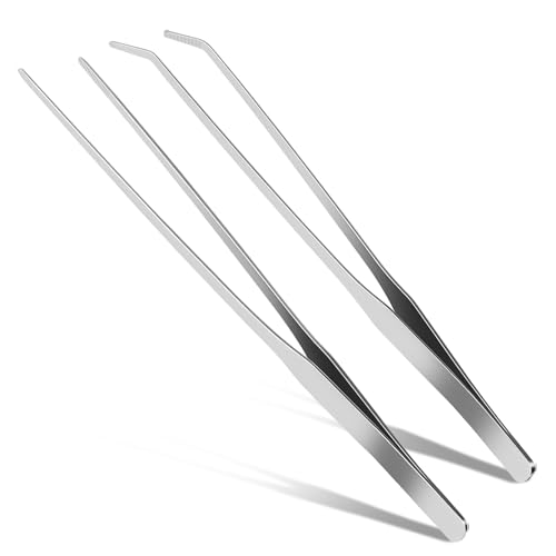 2 Pcs Reptile Feeding Tongs, 10.6IN Straight & Curved Extra Long Tweezers, Premium Stainless Steel Feeding Tools for Bearded Dragon, Lizards, Snakes, Aquarium & Terrarium