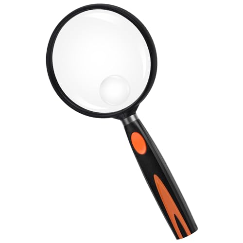 Feosky Handheld Reading Magnifier, 10X Magnifier, 75mm Shatterproof Lens, Non-Slip Handle for Adults Close Work, Seniors Reading and Nature Exploration, Hobby Observation(Orange/Black) - color: Orange, size: 75mm