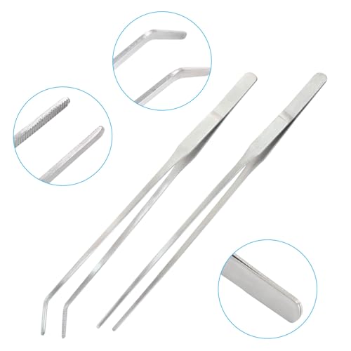 2PCS Stainless Steel Reptile Feeding Tongs, Long Tweezers Aquarium Terrarium Feeder Tools for Reptiles, Lizards, Snakes (Straight and Curved)