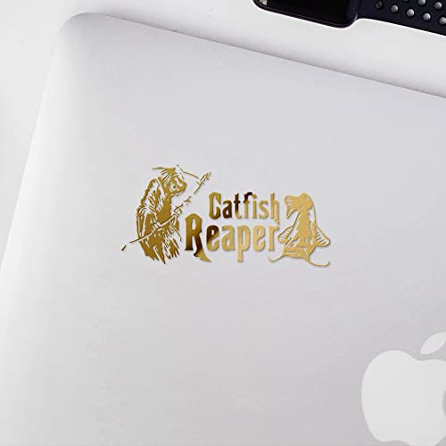 Decal Stickers of Catfish Reaper Fishing #2 (Metallic Gold) (Set of 2) Premium Waterproof Vinyl Decal Stickers for Laptop Smartphone Car Dirt Bike Wall Room Mason Jar - BICVER1570832GOW19Y24 - color: Metallic Gold, size: 6.8'' x 3.3''