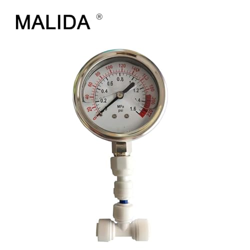 Malida Stainless Water Pressure Test Gauge, Water Pressure Detector for Aquarium Meter 0-1.6MPa 0-220psi Reverse Osmosis System Pump with 1/4.
