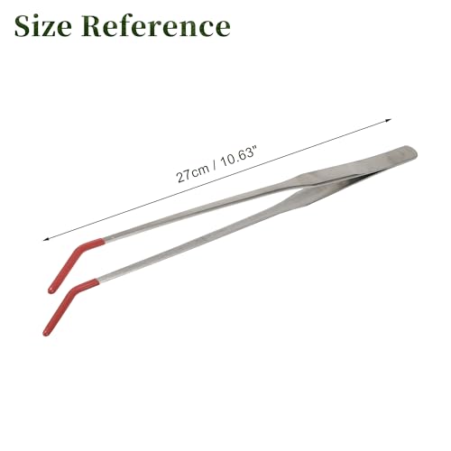 Stainless Steel Reptile Feeding Tongs, Curved Aquarium Tweezers with Rubber Tip, Terrarium Tongs for Gecko, Lizard & More, 10.63" Length, Red