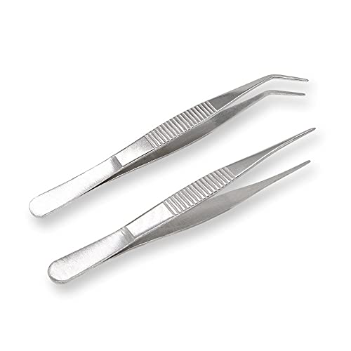 5 Inch Stainless Steel Tweezers with Straight and Curved Serrated Tip Multipurpose Forceps for Craft Repairing 2 Pack - size: 5 Inch