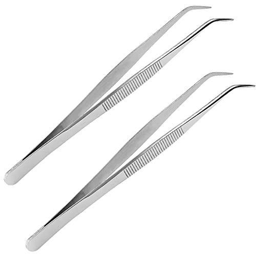 2PCS 8 Inch Stainless Steel Tweezers with Curved Serrated Tip Heavy Duty Tweezer Tongs for Cooking Crafting Repairing - size: 8 Inch