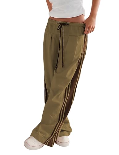 Hongsui Women's Wide Leg Pants Drawstring High Rise Side Striped Slouchy Palazzo Pants with Pockets - color: Armygreen, size: Medium