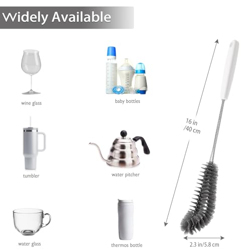 2-Pack 16 inches Long Handle Bottle Cleaning Brushes - Ideal for Coffee Glasses, Pots, Milk Cups, Mugs, Wine Bottles, and Baby Bottles (Black)