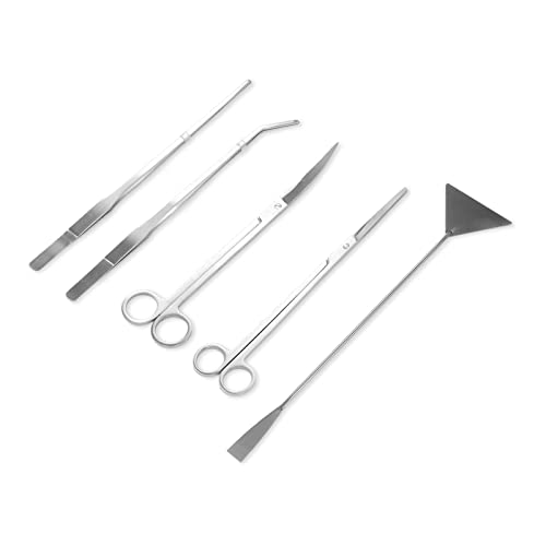 Aquarium Scissors and 5 in 1 Aquascaping Kit with Tweezers, Spatula for Fish Tank Cleaning and Aquatic Plant Trimming, Stainless Steel, Premium 5 Piece Set