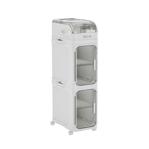 BINSIO 3-Tiers Toilet Paper Storage, Slim Bathroom Organizers and Storage, Bathroom Counter Organizer, Foldable Organizer Storage Cabinet, Portable Laundry Room Organization, Plastic White Clear Doors - size: 3 Tiers
