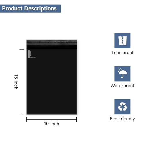 KKBESTPACK 500 Large Poly Mailers 10x13 Shipping Bags for Small Business – Self Sealing Package Envelopes Black - color: Black, size: 10" x 13" 500 pcs