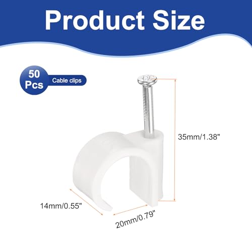 HARFINGTON 50pcs Cable Clips with Nail 20mm Circular Single Hook Half Clamp J-Hook with Nail Cord Clips for Wires on Wall for Ethernet Tacks Coax Pex Tubing Pipe Support, White - color: White, size: 20mm
