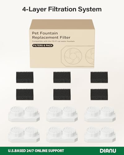 DIANU Official Cat Water Fountain Replacement Filters & Pre-Filter Sponges for 3.2L/108oz Stainless Steel Pet Fountain (Six Pack)