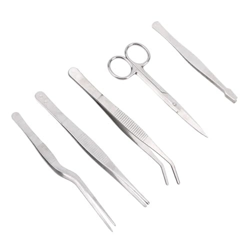 5pcs Plant Tweezers and Scissors, Long Stainless Steel Garden Bend Tongs Set with Straight Curved Flat Point Tip Multiple-Use Gardening Tools for Bonsai Reptile Feeding Kitchen Use - style: B