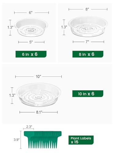 GROWNEER 15 Pack of 6, 8, 10 Inches Clear Plant Saucers Flower Pot Trays, with 15 Pcs Plant Labels, Plastic Plant Drip Trays for Indoor Outdoor Plants Garden, 5pcs of Each Size - size: 6,8,10 Inch, 15-Pack