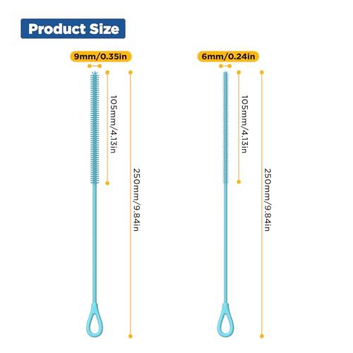 YOTIME Silicone Straw Cleaner Brush, 2Pcs Reusable Straw Brush Extra Long for Cleaning Tumbler with Handle and Glass Metal Smoothie Straws, Non-slip Handle Soft and Bendable, 6mm+9mm, Blue - color: Blue