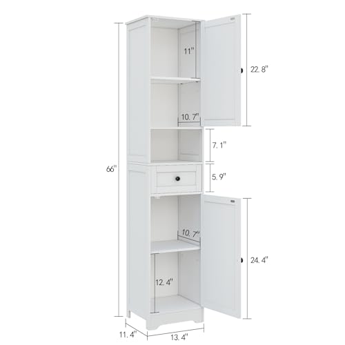 Tall Bathroom Cabinet,Storage Cabinet with 5 Shelves & 1 Drawer, with Adjustable Shelve, for Bathroom, Kitchen, Entryway, Living Room(White) - color: White