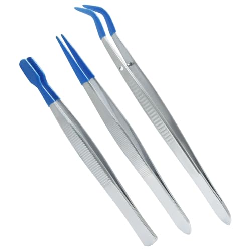 3 Pack Curved Tweezers, Silicone Rubber Bent Tip PVC Coated Soft Tip Tweezers, Non Marring Stainless Steel Tools for Jewelry Crafts/Electronics