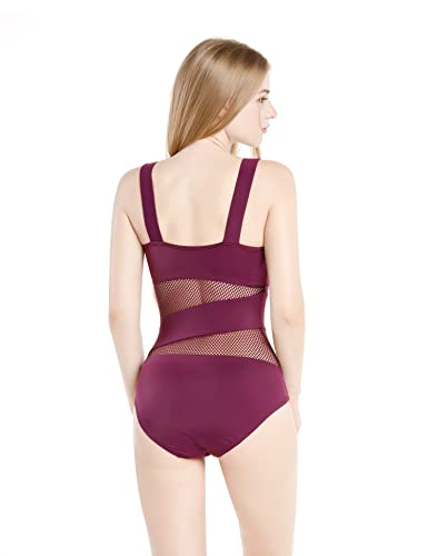 Women's Mesh Swimsuits One Piece Cutout Bathing Suits Backless Hollow Out Swimwear Sexy See Through High Cut Monokini - color: Burgundy, size: 4
