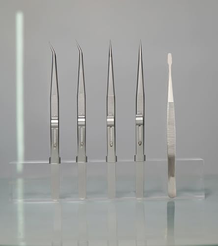 5Pcs Precision Tweezers Set, Flat/Pointed/Curved Angled Locking Long Tweezers for Crafts, Medical Surgical, Lab, Soldering, Jewelry Crafting, Watch & Electronics/Car Repair,Splinter Removal