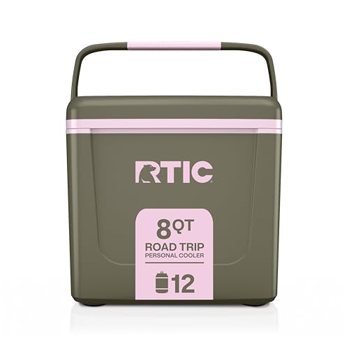 RTIC 8 QT Road Trip Personal Cooler, Small, Compact, Insulated, Portable Ice Chest Box for Food, Drink, Beverage, Beach, Camping, Picnic, Fishing, Boat, 12-Can Capacity - color: Olive/Pale Pink