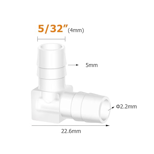 Quickun 5/32" Hose Barb 90 Degree Elbow L Fitting, Plastic 2 Way Equal Barbed Joint Splicer Mender Union Adapter Hose Fitting (Pack of 5) - size: 5/32" (5Pcs)