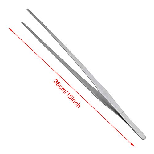 Bonsicoky 15 Inch Stainless Steel Tweezers, Non-Slip Long Straight Tweezers Tongs Tool with Precision Serrated Tips for Aquarium, Garden, Kitchen