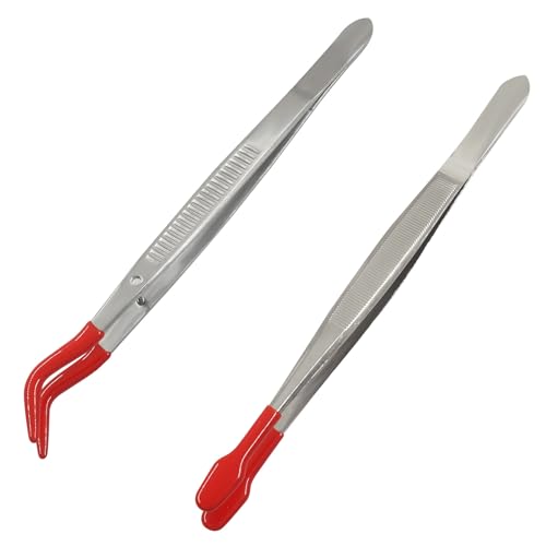 2PCS Rubber Tipped Tweezers,PVC Coated Precision Tweezers Hobby Craft Tweezers Set,Long Bent and Straight Flat Tip Tweezers for Crafts Stamps Coin Beads Jewelry Industrial Electronic Lab(Red)