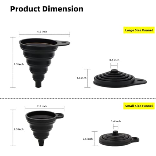 Silicone Collapsible Funnel for Kitchen Use,2Pack - Small and Large, Food Grade Foldable Funnel Set for Powder, Liquid Transfer, Oil Change, Cooking, Water, Juice, Drink & Filling Bottles, Black - color: Black, 2Pack