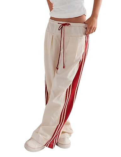 Hongsui Women's Wide Leg Pants Drawstring High Rise Side Striped Slouchy Palazzo Pants with Pockets - color: Beige, size: X-Small
