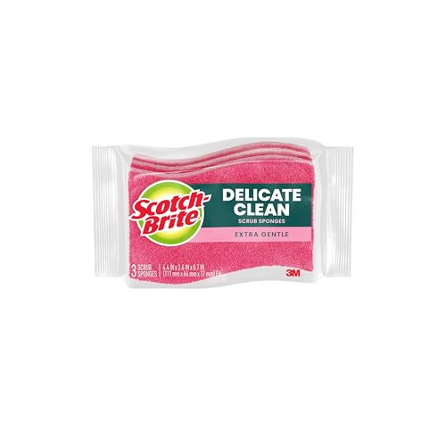 Scotch-Brite Delicate Clean Non-Scratch Scrub Sponge, 3 Nonscratch Kitchen Sponges for Gentle Cleaning of Porcelain, Fine china, Stemware, Nonstick Pots and Pans, Mirrors, Faucets, and More