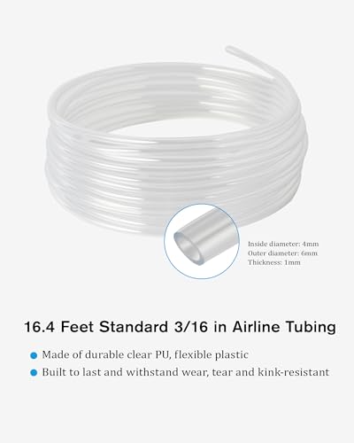Airline CO2 Tubing 16.4 Feet PU Aquarium CO2 Pressure Proof Tubing Trachea with Check Valves, Suction Cups, Soft and Transparent Aquarium Air Pump Accessories for Fish Tank