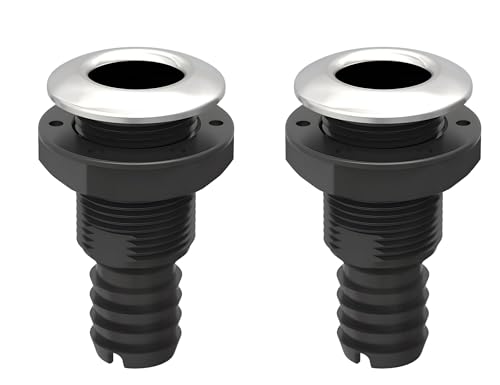 SEAFLO Thru Hulls Fitting Thru-Hull with Check Valve, 5/8”, 3/4”, 1”, 1-1/8”, 1-1/4”, 1-1/2”, or 2” Sizes, White/Black, Polypropylene/Nylon, 4-Year Warranty, (Choose Color, Size, and Pack Size) - color: Stainless-Steel Capped, size: 1-1/4", style: 2-pack