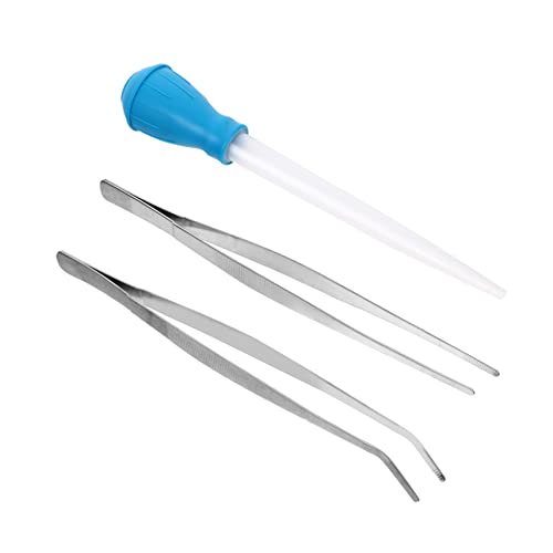 FOMIYES 3pcs Aquarium Cleaning Tool Set Straight Curved Tweezers Serrated Tips Fish Tank Pipette Stainless Steel for Aquascaping