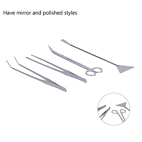 4 in 1 Aquarium Tools Kit, Aluminum Alloy Aquascaping Tool Set with Straight and Curved Tweezers, Spatula, Scissors for Fish Tank Plant Cleaning and Substrate Maintenance