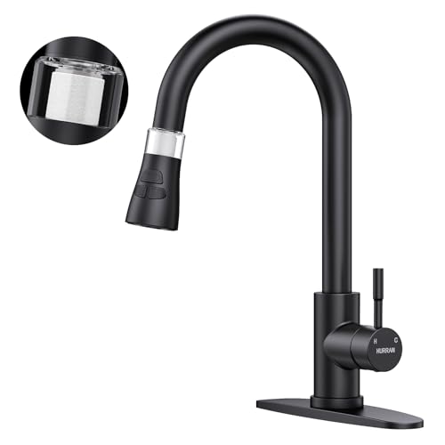 Kitchen Faucet with Pull Down Sprayer, Hurran Matte Black Water Filter Faucets, High Arc Single Handle Kitchen Sink Faucet 1 or 3 Hole, Utility Sink Faucets with Deck Plate for Farmhouse Rv Wet Bar - color: Black